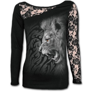T-shirt femme gothique  manche longue en dentelle avec lion rugissant sur fond tribal