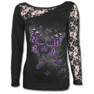 T-shirt femme gothique  manche longue en dentelle avec papillon violet