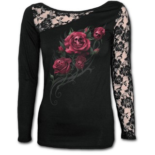 T-shirt femme gothique  manche longue en dentelle avec rose de la mort sur tribal