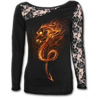 T-shirt femme gothique  manche longue en dentelle avec sombre dragon de feu et symbole tribal