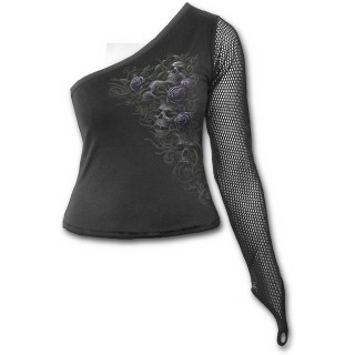 T-shirt femme gothique  manche longue style gant avec crane et roses violettes