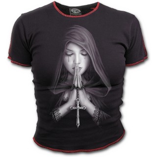 T-shirt femme gothique  mancherons avec fille en prire et chapelet