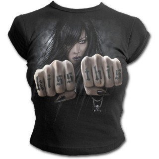 T-shirt femme gothique  mancherons avec poings tatous "Kiss This"