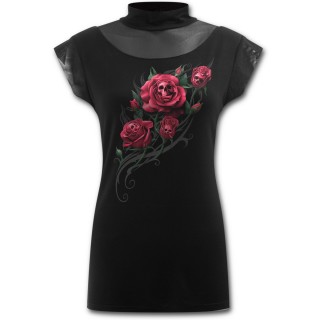 T-shirt femme gothique  mancherons avec rose de la mort sur tribal