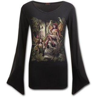 T-shirt femme gothique  manches amples et col V  trio de fe et crane gant