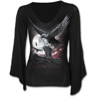 T-shirt femme gothique  manches amples et col V avec corbeau, tombe et pleine lune