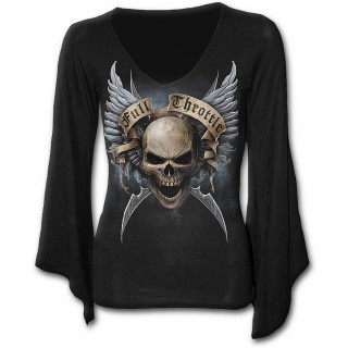 T-shirt femme gothique  manches amples et col V avec crane ail "Full Throttle"