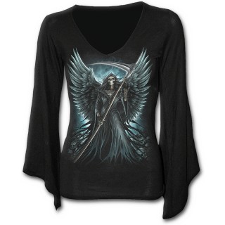 T-shirt femme gothique  manches amples et col V avec grande faucheuse