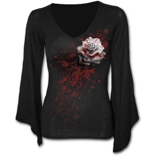 T-shirt femme gothique  manches amples et col V avec rose ensanglant et claboussures