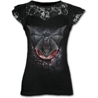 T-shirt femme gothique  manches courtes avec chauves-souris vampires et lune rouge