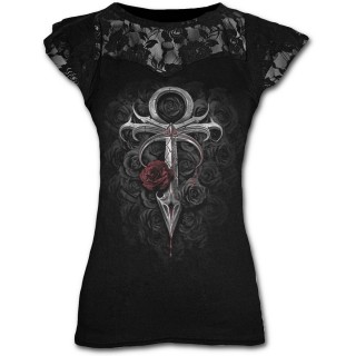 T-shirt femme gothique  manches courtes avec dentelles avec pieu et lit de roses