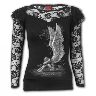 T-shirt femme gothique à manches en dentelle avec ange à ailes déployées sur pentagramme