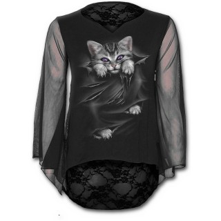 T-shirt femme gothique  manches longue et dentelle avec chat gris  griffes sorties et dchirures