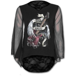 T-shirt femme gothique  manches longue et dentelle avec guitare "Rock Angel"