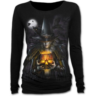 T-shirt femme gothique  manches longues avec sorcire tenant un crane en citrouille