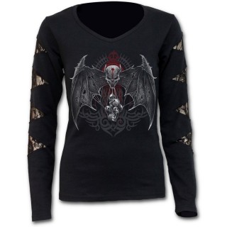 T-shirt femme gothique  manches longues, dentelle et crane  ailes de chauve-souris