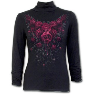 T-shirt femme gothique  manches longues et col haut avec roses ensanglantes