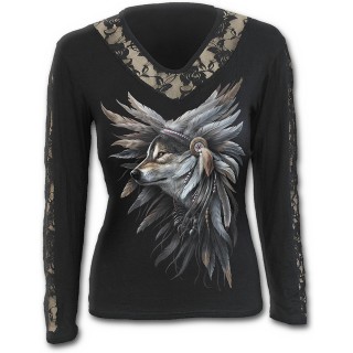 T-shirt femme gothique  manches longues et dentelles avec loup indien
