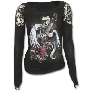 T-shirt femme gothique  manches longues et paules en dentelle avec guitare "Rock Angel"