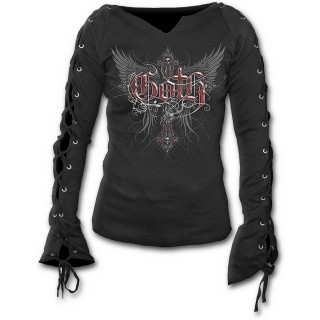 T-shirt femme gothique  manches longues  lacets avec croix gothique aile