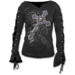 T-shirt femme gothique  manches longues  lacets avec croix gothique sur tribal