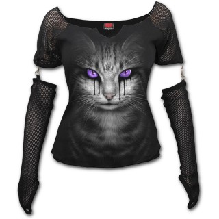 T-shirt femme gothique  manches longues style gant avec chat coulant de larmes