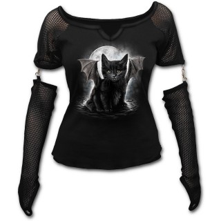 T-shirt femme gothique  manches longues style gant avec chat noir  ailes et dents de vampire