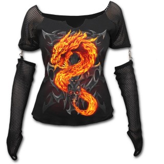T-shirt femme gothique  manches longues style gant avec dragon de flamme