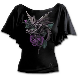 T-shirt femme gothique  manches voiles avec dragon sur une rose violette