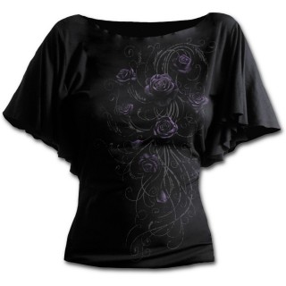 T-shirt femme gothique  manches voiles avec roses violettes