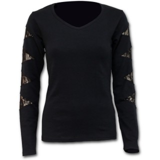 T-shirt femme gothique noir ajour de losanges de dentelle  manches longues