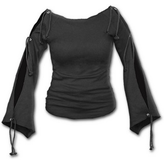 T-shirt femme gothique noir  col large et manches longues  lacets