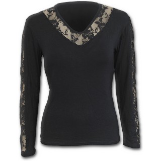 T-shirt femme gothique noir lgant  manches longues et dentelles