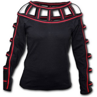 T-shirt femme gothique noir et rouge  col et manches longues  lanires