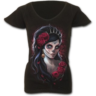 T-shirt femme gothique noir  mancherons  "Jour des morts"