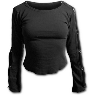 T-shirt femme gothique noir  manches longues avec anneaux mtal