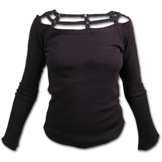 T-shirt femme gothique noir  manches longues et col en lanires