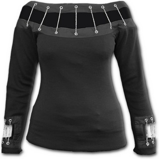 T-shirt femme gothique noir  manches longues et col rivet  chaines