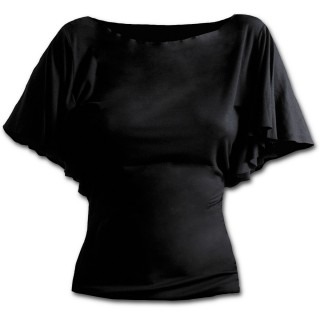 T-shirt femme gothique noir à manches voilées style chauve-souris