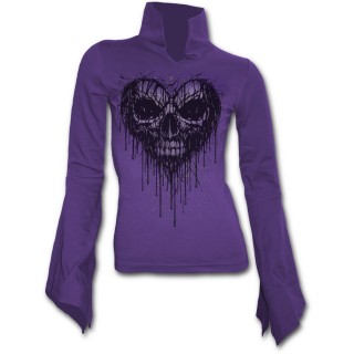 T-shirt femme gothique violet  manches amples avec crane sur coeur coulant