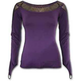T-shirt femme gothique violet  manches longues et col large transparent