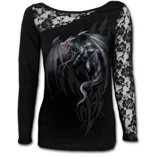 T-shirt femme  manche longue en dentelle avec dragon gris libr de ces chaines