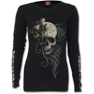 T-shirt femme manches  anneaux avec crane tribal et rose dessche