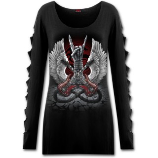T-shirt femme  manches lacres "ROCK 4EVER" avec guitare, ailes et main squelette rockeur