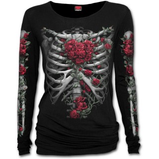 T-shirt femme manches longues  cage thoracique et coeur de roses