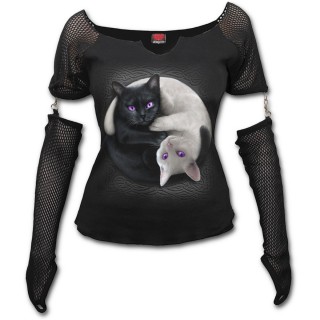 T-shirt femme  manches longues style gant avec chats Yin et Yang