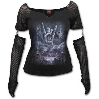 T-shirt femme  manches style gant avec main spectrale  signe rock