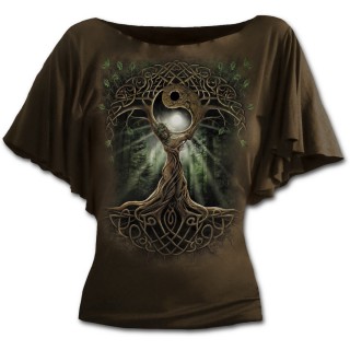 T-shirt femme marron  manches voiles avec reine de la nature style celtique