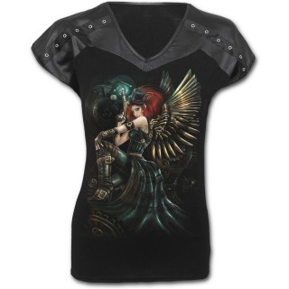 T-shirt femme noir gothique  manches courtes rivetes avec fe steampunk