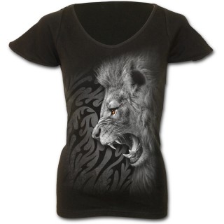 T-shirt femme noir  mancherons avec lion rugissant sur fond tribal